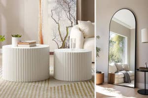Two stylish home decor scenes featuring a ribbed side table and an arched floor mirror