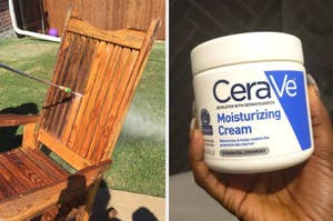 on the left a power-washed chair before and after, on the right a hand holding a jar of CeraVe Moisturizing Cream