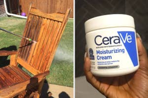 on the left a power-washed chair before and after, on the right a hand holding a jar of CeraVe Moisturizing Cream