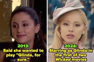 Two side-by-side images of Ariana Grande: left from 2013 mentioning her interest in playing Glinda, and right in a modern Glinda-inspired outfit