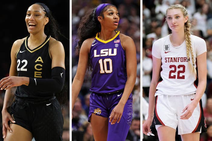 Three female basketball players in their team uniforms: Aces, LSU, and Stanford