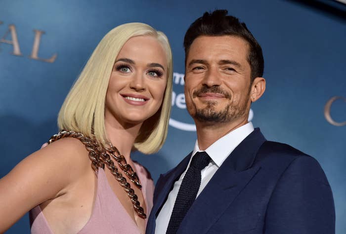 Closeup of Katy Perry and Orlando Bloom at a media event