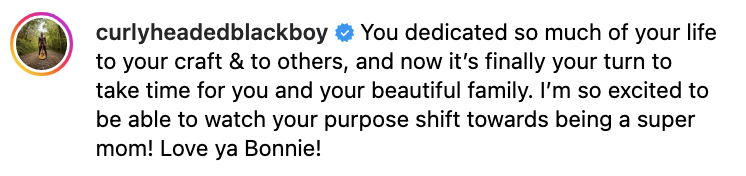 Text from an Instagram post by curlyheadedblackboy showing support and excitement for her new journey as a mom