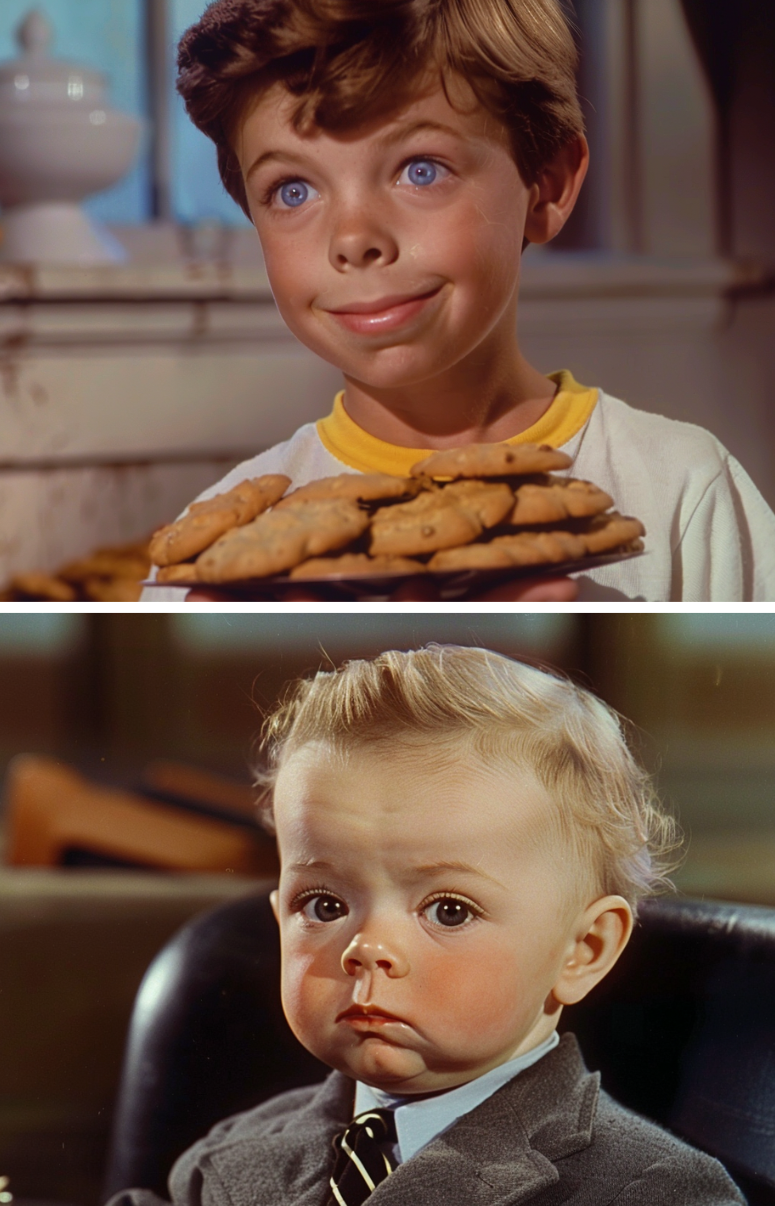 Two scenes from a film featuring young actors, one smiling with cookies, another with a serious expression in a suit