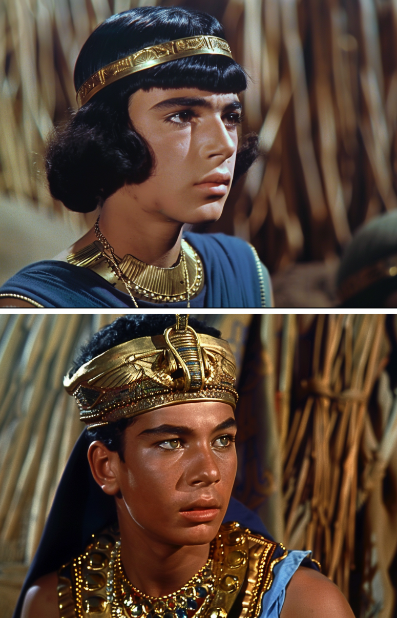 Two scenes featuring a character dressed in ancient Egyptian attire with a headdress and collar
