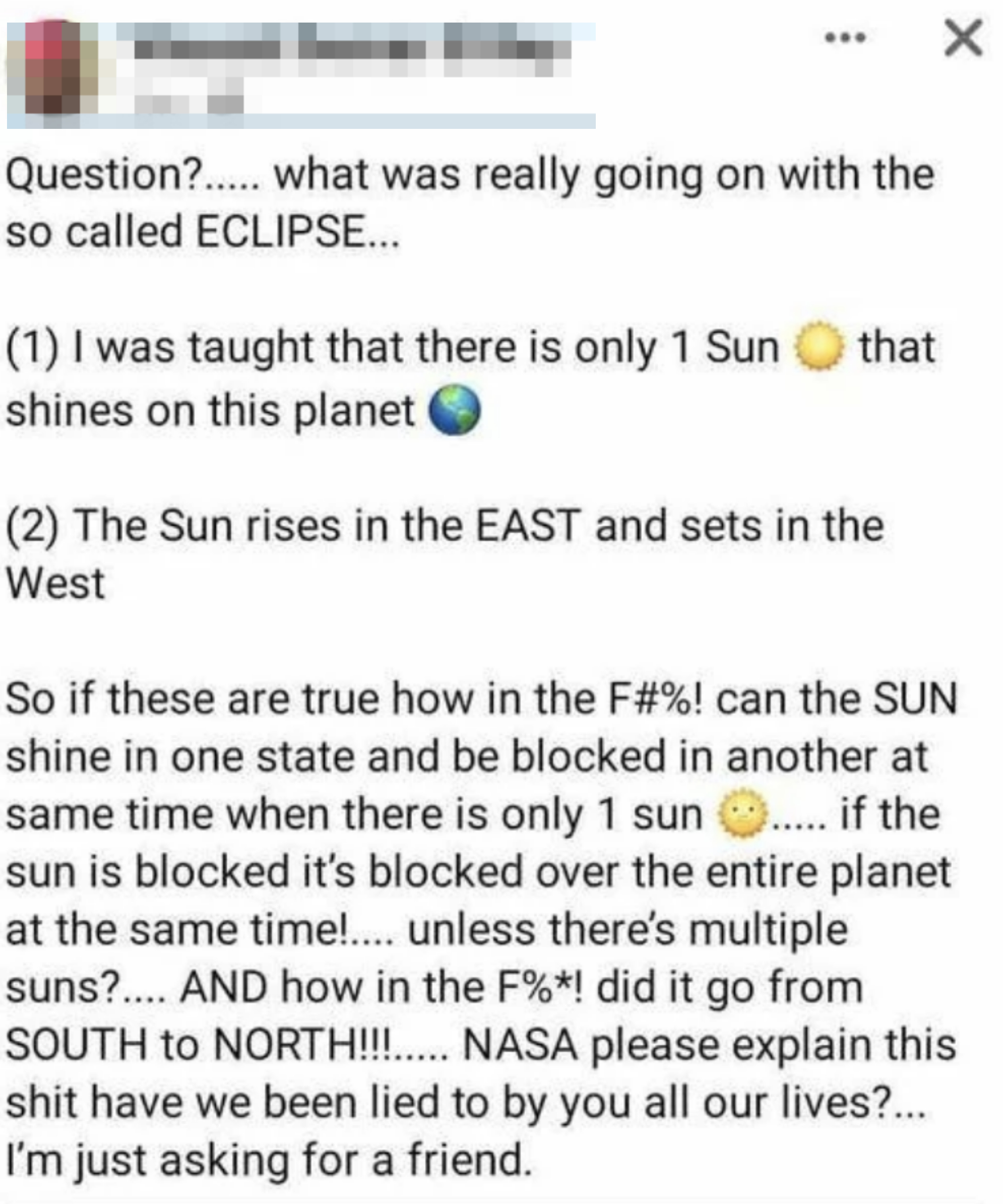 Facebook post with a confused question about the sun setting in the east and rising in the west, and multiple suns