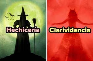Imagen dividida con un mago y siluetas de murciélagos a la izquierda, y una persona con brazos extendidos a la derecha, con las palabras "Hechicería" y "Clarividencia"