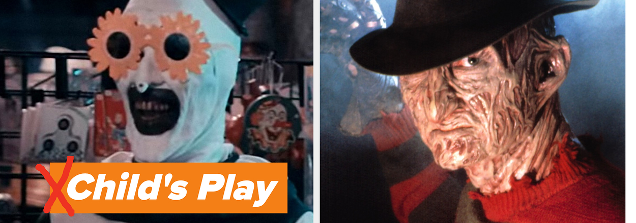 Split image: Two characters from horror films: Art the Clown from "Terrifier" and Freddy Krueger