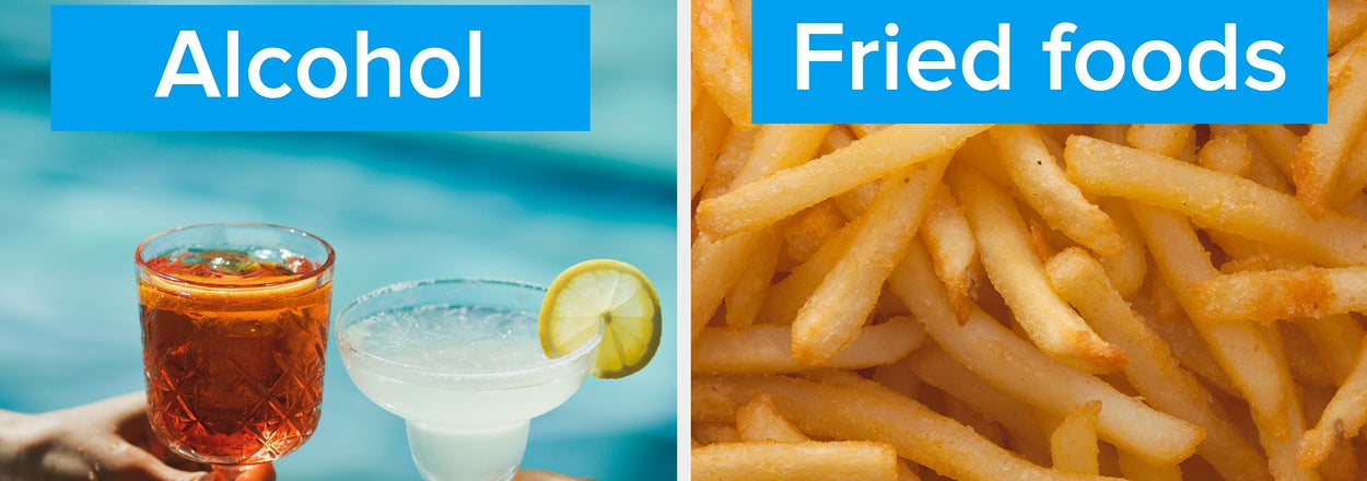 Two images side by side; left shows hands clinking glasses, right shows close-up of fries. Text: "Alcohol" and "Fried foods"