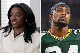 Side-by-side photos of Simone Biles in a collared shirt and Davante Adams in a Green Bay Packers uniform