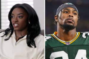 Side-by-side photos of Simone Biles in a collared shirt and Davante Adams in a Green Bay Packers uniform