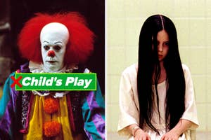 Pennywise the Clown in costume on the left, and Samara Morgan in a white dress on the right, with a red X over "Child's Play" text