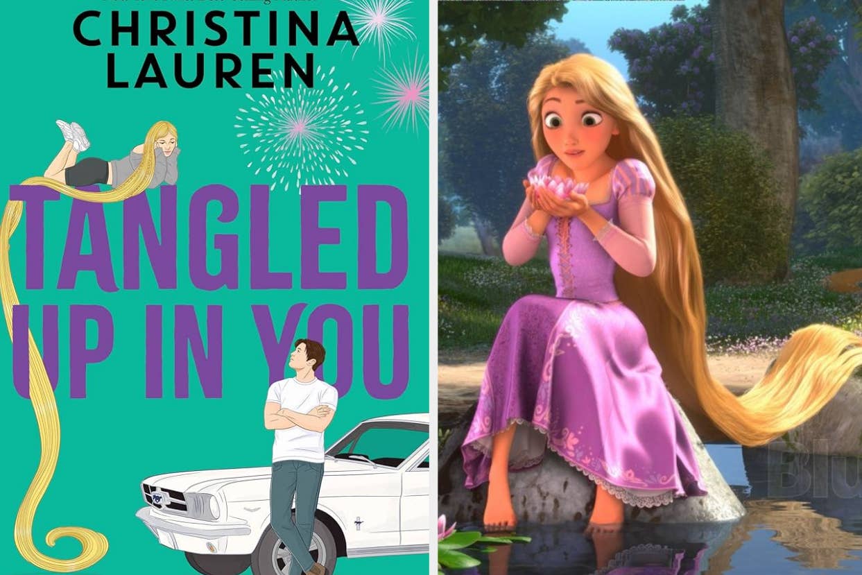 Book cover for "Tangled Up in You" by Christina Lauren next to Disney's Rapunzel on a riverbank