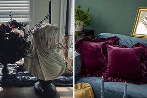 Two photos: Left shows a sculpted bust with draped fabric decor. Right features plush pillows on a couch beside window light