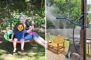 Two side-by-side images; on the left, a smiling elder with a child on a swing, and on the right, a backyard with a mister wrapped around a pole
