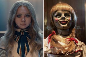 Split image: Left - M3GAN stares, bowtie blouse. Right - Annabelle doll with braided hair and a creepy smile
