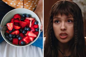 Person holding a bowl of strawberries and blueberries, and a surprised young woman with bangs