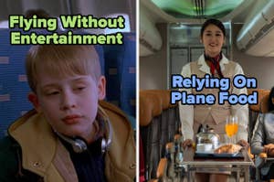 Split-screen image of a bored child in an airplane seat and a smiling flight attendant serving food