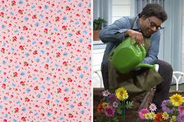On the left, a floral fabric, and on the right, Kenan Thompson watering flowers in a garden in an SNL sketch