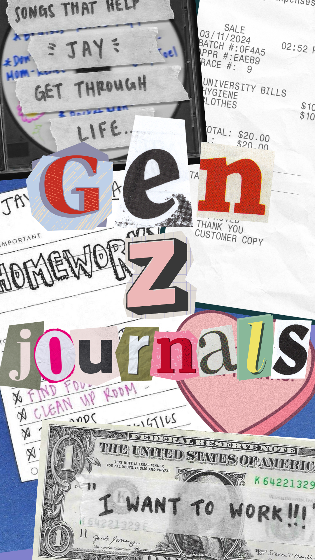 Collage of assorted notes and reminders including sale receipts, paper scraps, and journal entries, with &quot;GEN Z journals&quot; text overlay