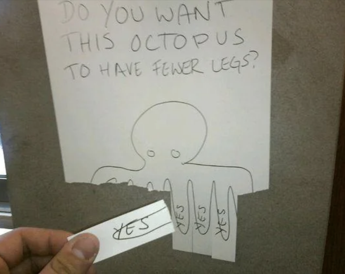 Handwritten note asking if an octopus should have fewer legs, with &quot;Yes&quot; votes shown