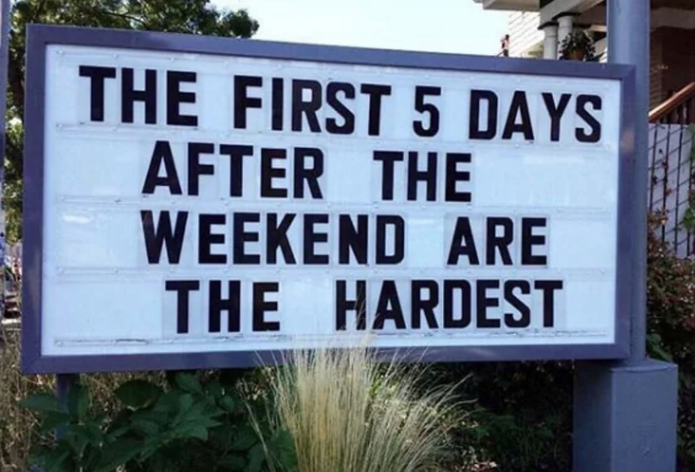 Sign reads &quot;The first 5 days after the weekend are the hardest.&quot;