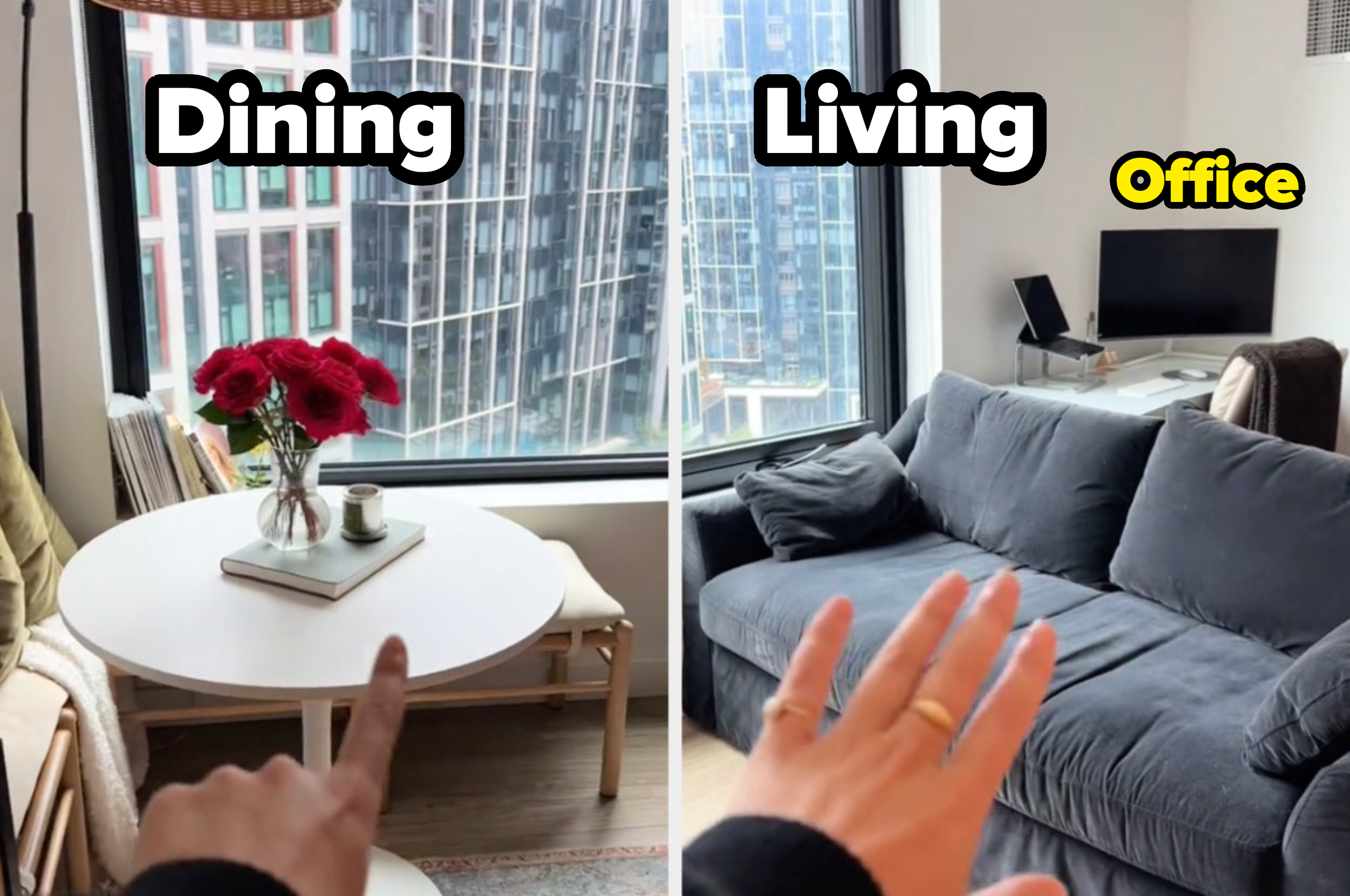 Person pointing to a cozy living room with a couch, TV, and a table with flowers