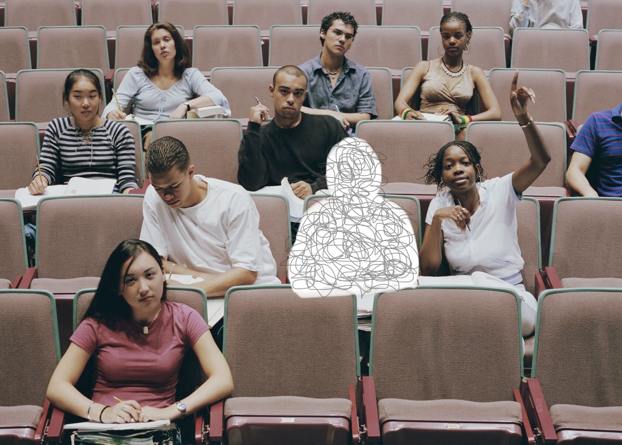 Students sit in a lecture hall; one figure in the center is obscured by tangled lines, representing confusion or anonymity