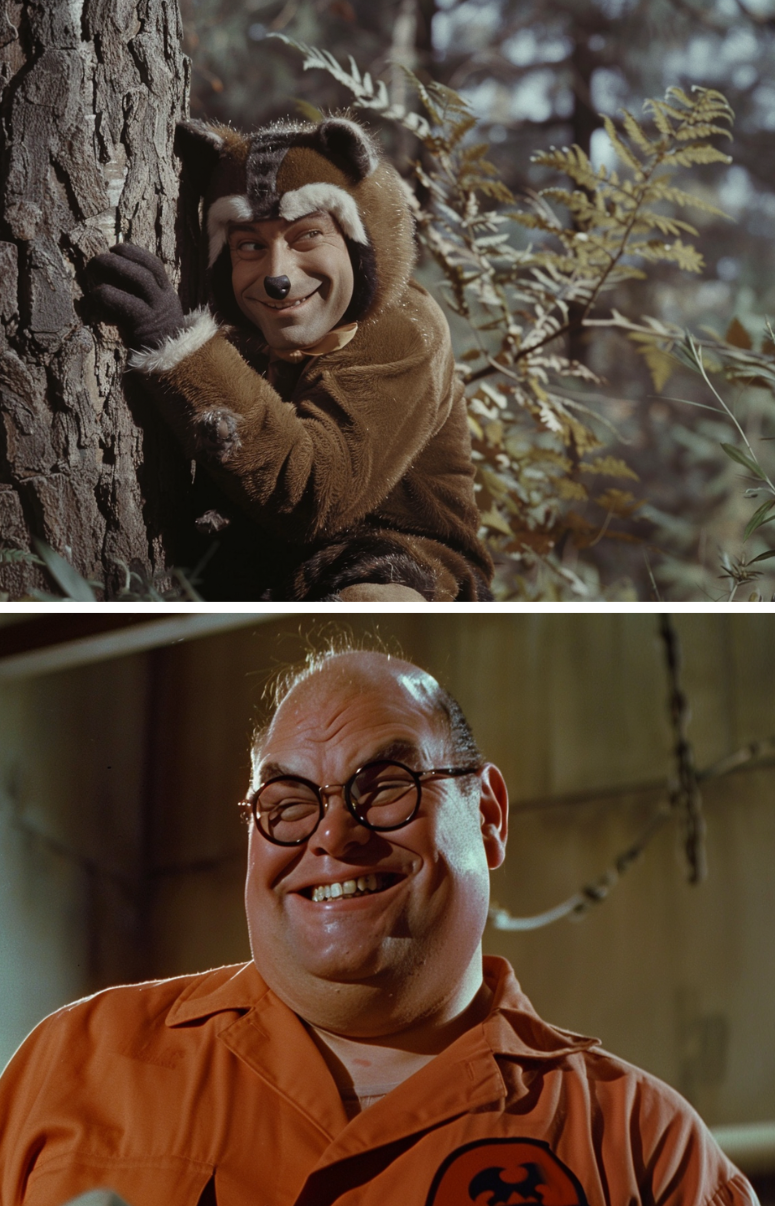 Top: Person in a lemur costume next to a tree. Bottom: Character in orange outfit with emblem