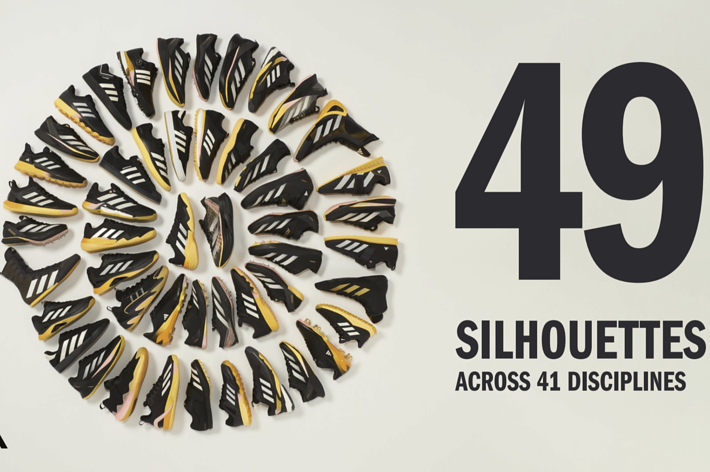 Circular arrangement of various sneakers with text "49 SILHOUETTES ACROSS 41 DISCIPLINES" by Adidas