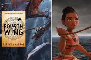 Book cover "Fourth Wing" by Rebecca Yarros featuring a dragon and animated character Moana holding an oar on a boat