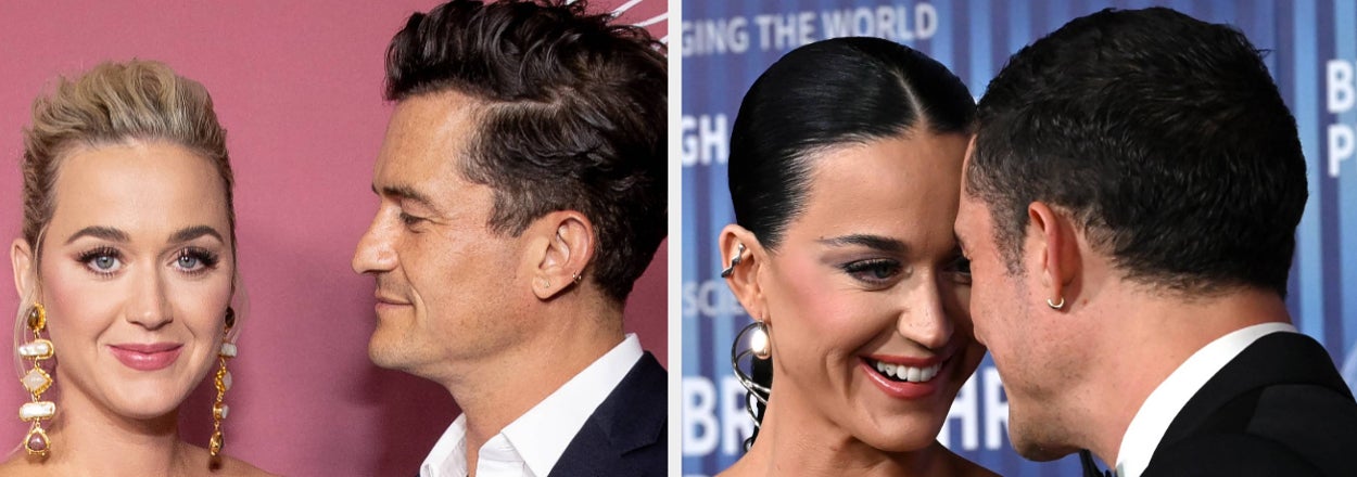 Katy Perry and Orlando Bloom pose together; Perry in a lavender dress, Bloom in a suit, at separate events