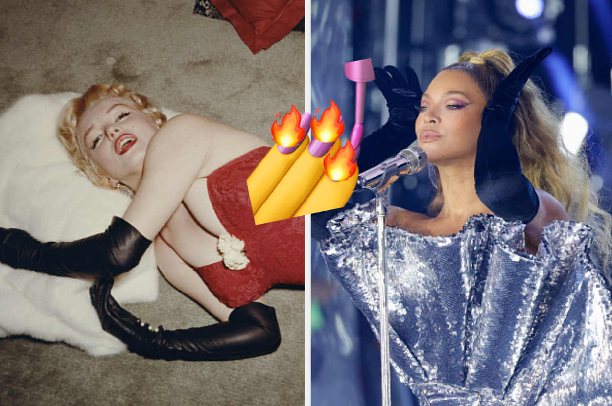Composite image: Left, Marilyn Monroe in a classic pose. Right, Beyoncé performing in a glittery outfit with a microphone