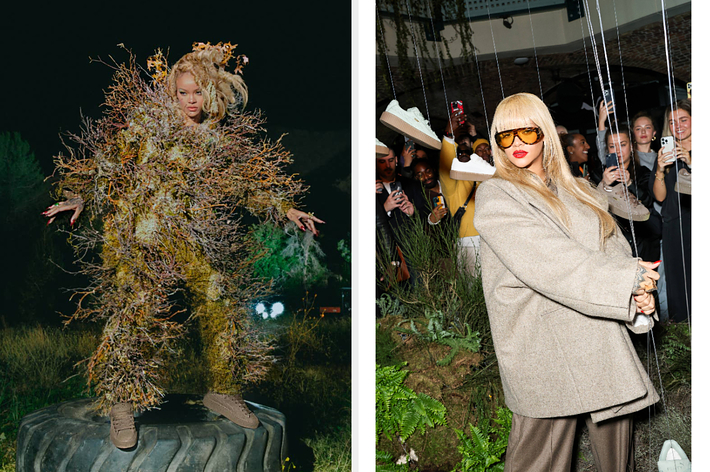 Two photos: Left shows an avant-garde twig outfit, right shows a person in a tan jacket and sunglasses at an event
