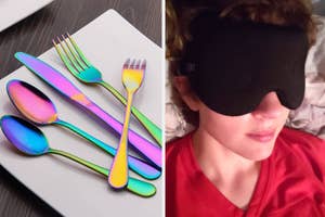 Set of iridescent cutlery on a plate next to a person wearing a sleep mask in bed