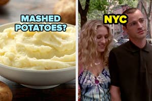 Split image: left shows a bowl of mashed potatoes, right is a man and woman walking together in casual clothing