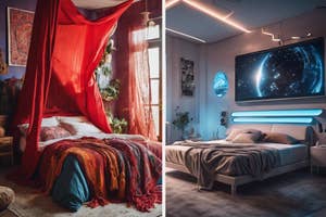 Side-by-side images of two bedrooms: one with bohemian decor, draped fabrics, plants; the other with a futuristic theme, large screen displaying space
