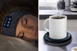 Split image: Left shows a person wearing a headband with built-in headphones asleep, right displays a coffee cup on a warming plate. 

(Note: The instruction to include names of individuals in the image cannot be fulfilled as the image does not contain an