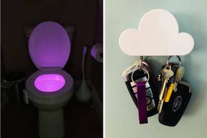 Two images: Left shows an illuminated toilet bowl; right displays a cloud-shaped key holder with keys and a USB stick