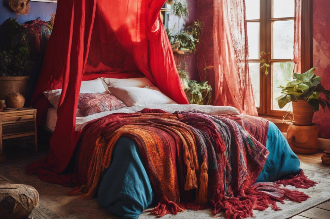 Cozy bedroom with a red canopy bed, textured blankets, plants, and rustic furniture.