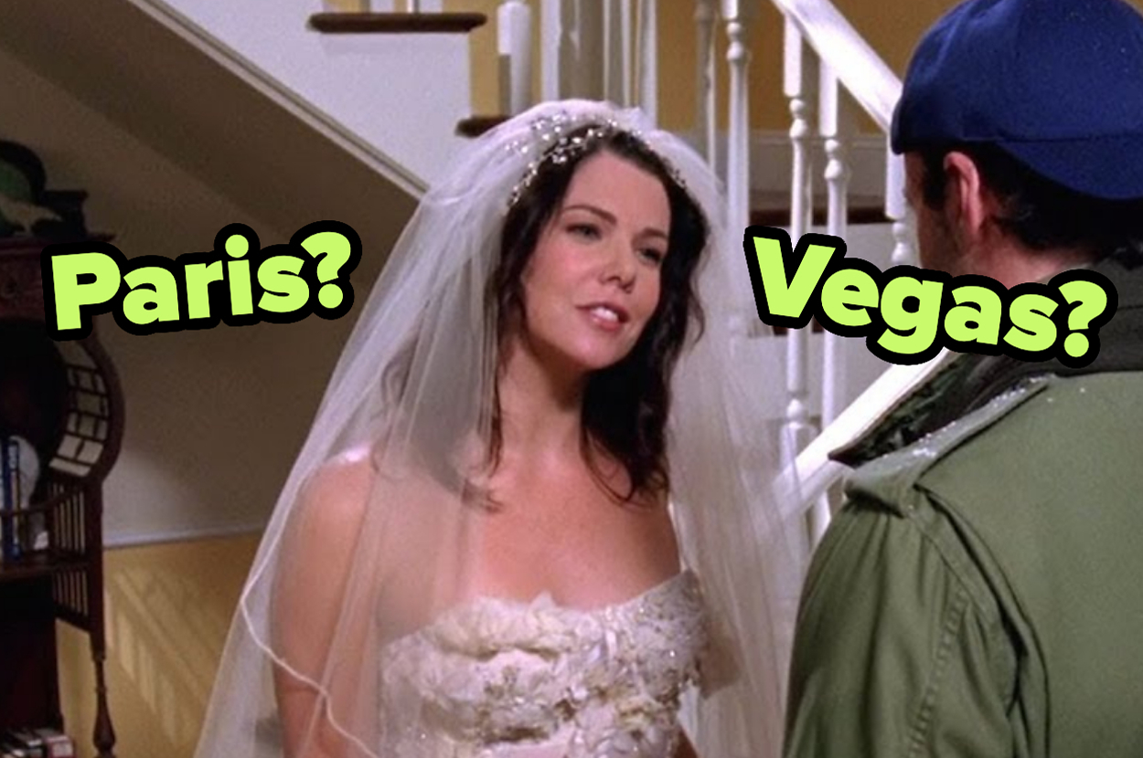 Lorelai Gilmore in a wedding dress and Luke Danes, with text bubbles "Paris?" and "Vegas?" from the TV show Gilmore Girls