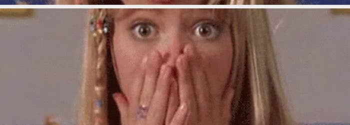 Two frames of a shocked woman with hands on cheeks from a movie scene