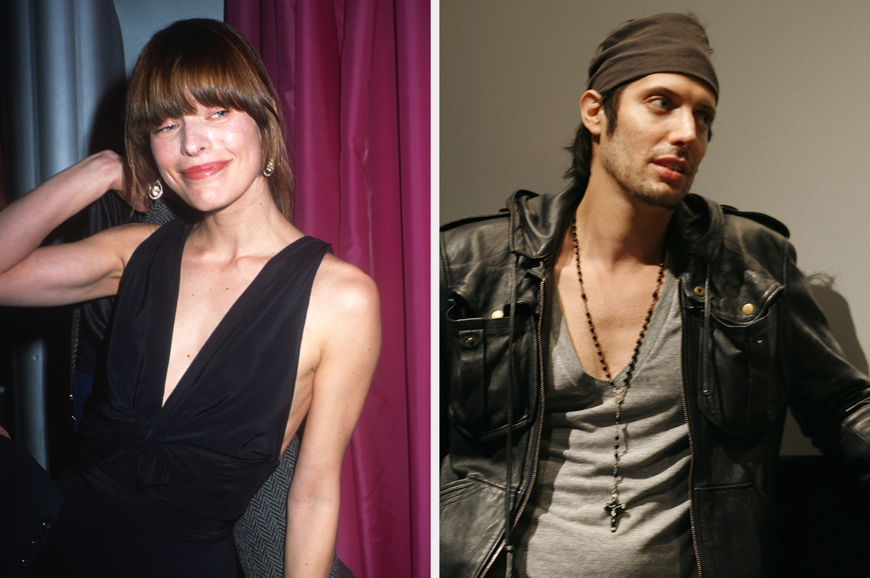 Two separate images: The first is of a woman wearing a sleeveless black v-neck dress posing with her hand on her head. The second is of a man in a layered outfit with a beanie