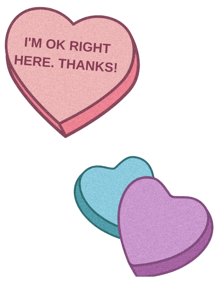 Three heart-shaped candies with text &quot;I&#x27;M OK RIGHT HERE. THANKS!&quot; on the largest one