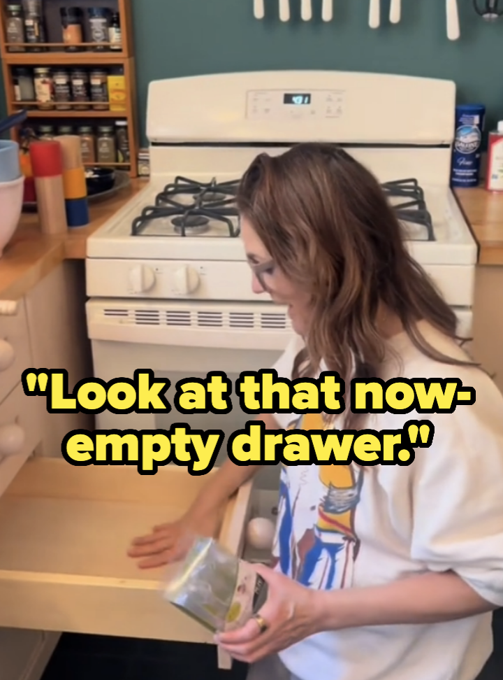 Drew organizing kitchen, captions read &quot;Look at that now-empty drawer&quot;
