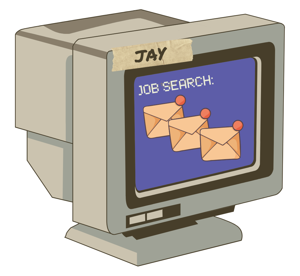 Old-style computer with a &quot;Jay&quot; label, displaying screen with job search graphics and envelopes