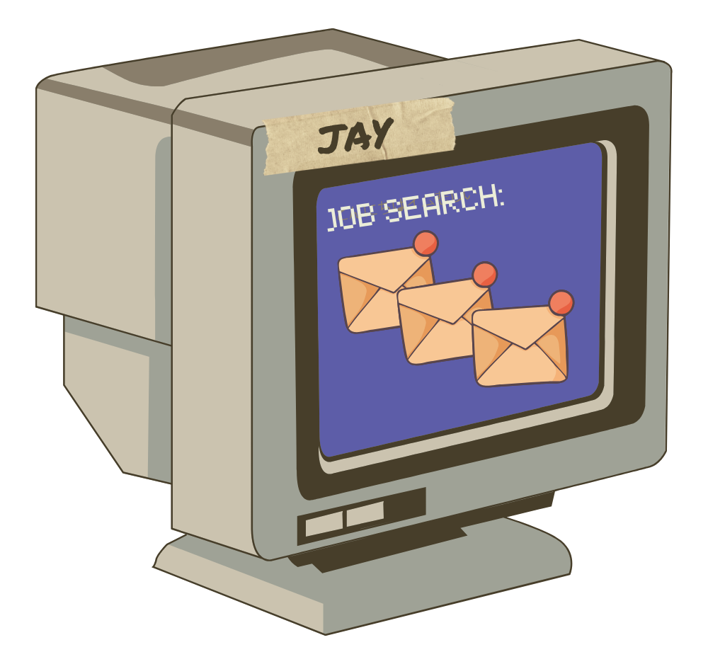 Old-style computer with a &quot;Jay&quot; label, displaying screen with job search graphics and envelopes