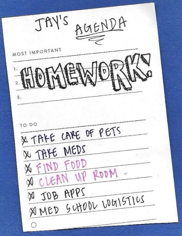 Handwritten list titled &quot;Jay&#x27;s Agenda&quot; with tasks, some checked off, such as homework, pet care, and room cleaning