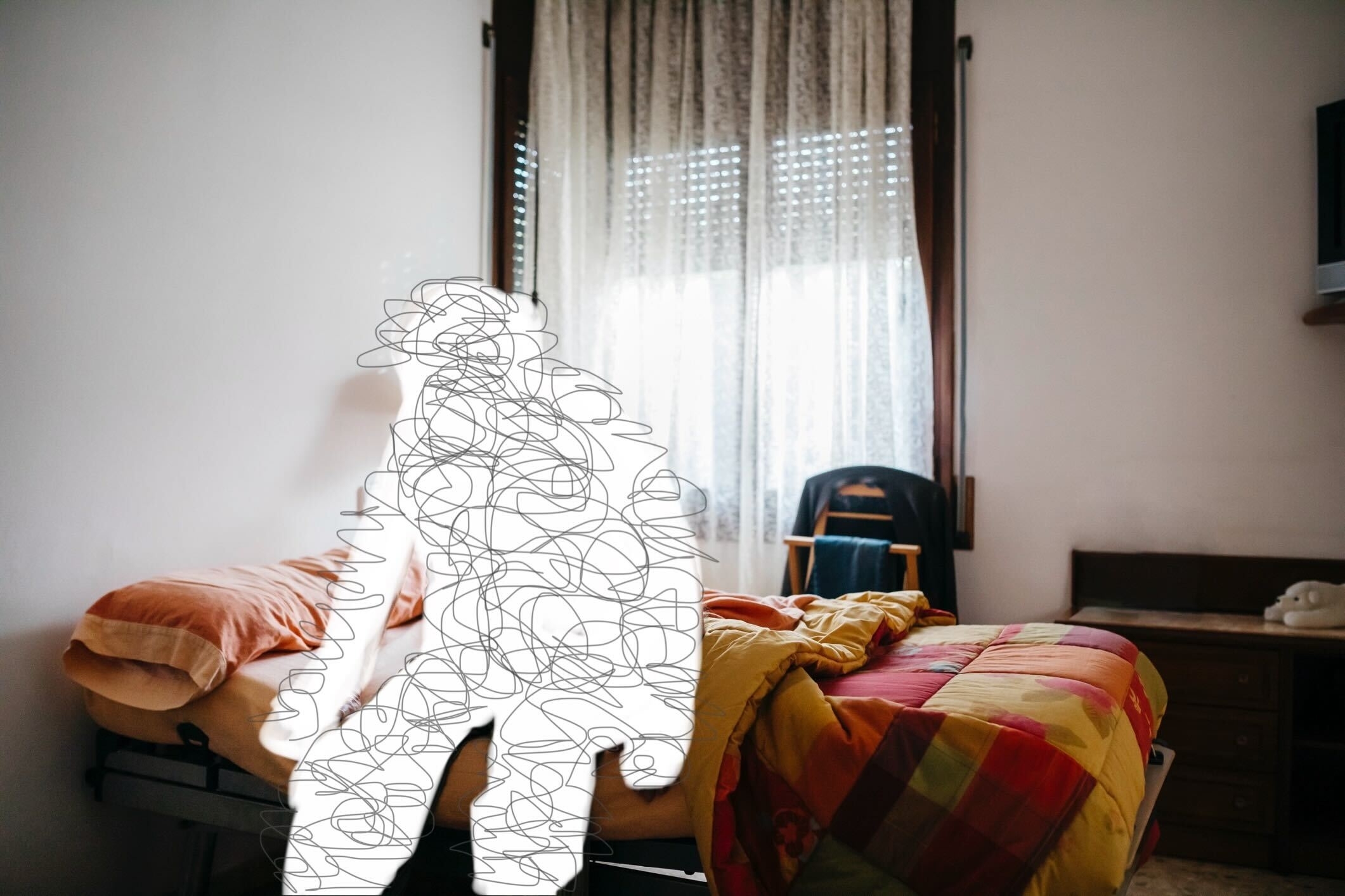 Person-shaped outline made of squiggly lines is superimposed over a bedroom, creating an abstract visual effect