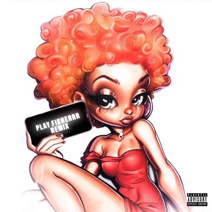 Animated character resembling a doll in a red outfit holding a rectangle with text &quot;PLAYFISHEARR REMIX.&quot; Music album cover aesthetic